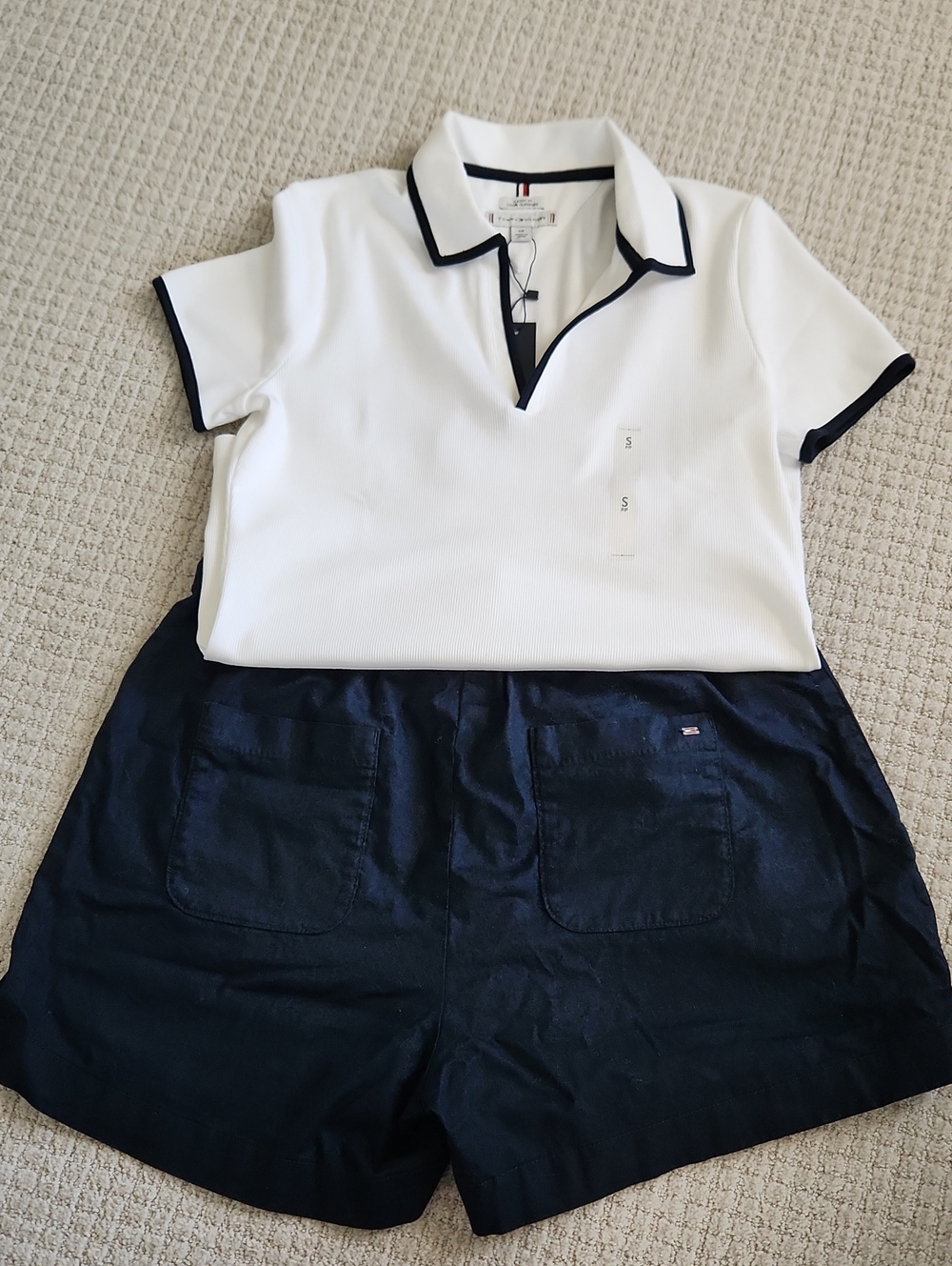 Tommy Hilfiger White Polo with Navy Trim and Navy Shorts
